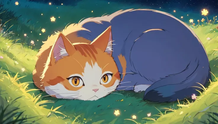 As night fell，The sky is extraordinarily beautiful dotted with stars。Orange cat finds a cozy place on the grass，curled up in a ball，Quietly admiring the starry sky。