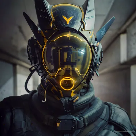 (cyberware, street fashion photography, cyber full face helmet, cute yellow eyes, happy, surprised, yellow neon lights, dust particles, textured fabric:1.4), scifi, cyberpunk, prosthetic arm, robot, Tokyo nightlife, night, dark, brandon woelfel, blurry bac...