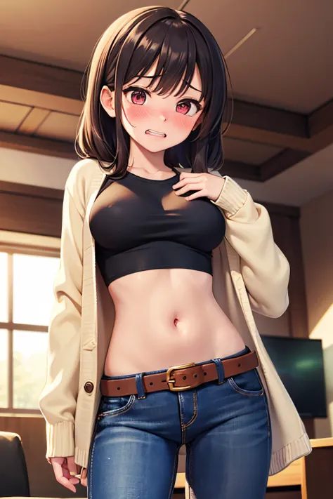 chiffon long cardigan, crop top, t shirt,1 girl, solo, medium breasts, belt, tummy, looking down, living room, open, jeans,, blush, teeth, blush, embarrassed