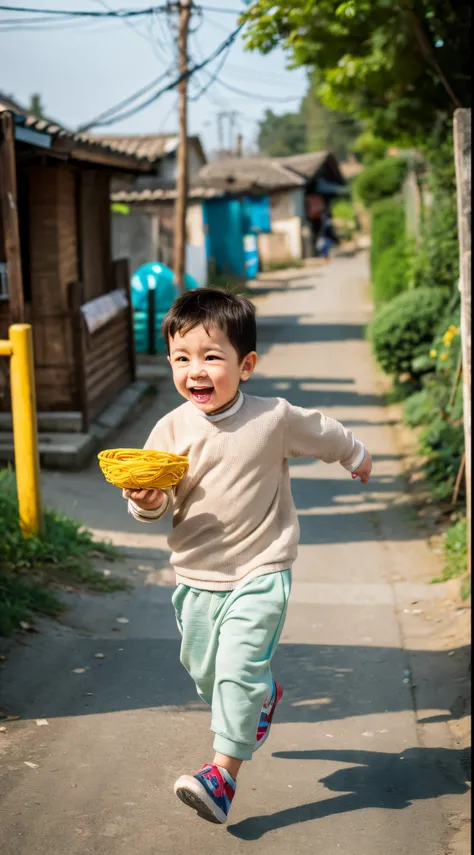 A little fatty asian boy with casual clothes, funny and cute face, running while holding a bowl of noodle with funny shock expression, a village street at the baclground, realistic photography, high quality, intricated detailed, ultra HD res