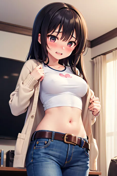 chiffon long cardigan, crop top, t shirt,1 girl, solo, medium breasts, belt, tummy, looking down, living room, open, jeans,, blush, teeth, blush, embarrassed