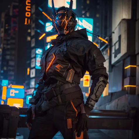 masterpiece, realistic, far shot, full body, muscular, (a man wearing a cyberhelmet with orange led), wearing black techwear jacket, posing for a photo, (long legs:1.3), (thin waist:1.2), street background, HDR, depth of field, blacklight, looking to sides...