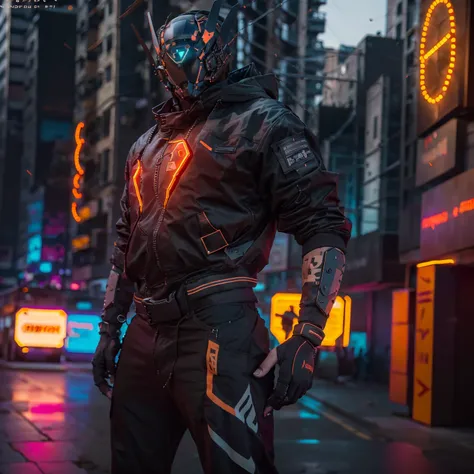 masterpiece, realistic, far shot, full body, muscular, (a man wearing a cyberhelmet with orange led), wearing black techwear jacket, posing for a photo, (long legs:1.3), (thin waist:1.2), street background, HDR, depth of field, blacklight, looking to sides...