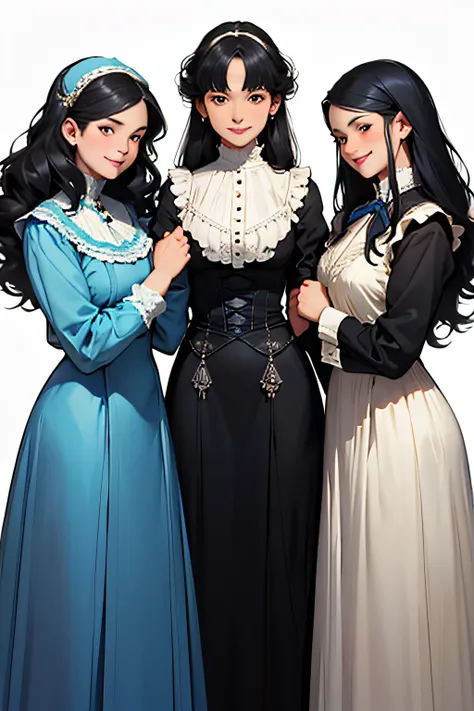 three sisters, early teens and 20s, all with long curly black hair, varying heights, wearing blue Victorian style dresses, all smiling and happy to be together