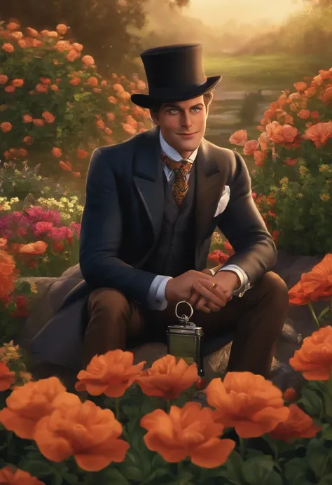 A photo of Jervis kneeling in a field of vibrant flowers, holding a small pocket watch and gazing off into the distance with a mischievous grin.,Batman: The Animated Series,Jervis is tall, wears a tweed suit and top hat, shoulder length curly brown hair an...