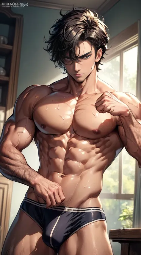 (masterpiece best quality 8k ultra-detailed:1.5) ultra realistic, solo playboy, muscular handsome (((perfect face,perfect eyes))) (topless), anime style, illustration, (underwear, big bulge), sweat,manly,realistic shade, sharp, detailed beautiful face and ...