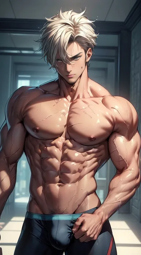 (masterpiece best quality 8k ultra-detailed:1.5) ultra realistic, solo playboy, muscular handsome (((perfect face,perfect eyes))) (topless), anime style, illustration, (underwear, big bulge), sweat,manly,realistic shade, sharp, detailed beautiful face and ...