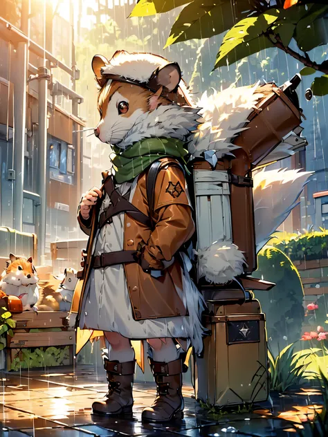 (hamster adventurer:1.2), (brown and white fur:1.4), ((backpack with essentials, compatible with anything):1.5), ((leather hat, ...