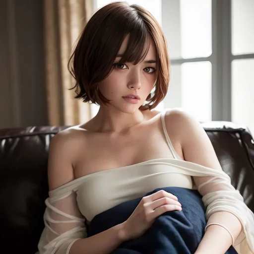 a girl with short brown hair laying on the sofa covered by blanket, clear eye, (look down at the viewer:0.8), detached sleeves, open mouth, bangs, white sleeves, white glove, blue hair, 1girl, shiny skin, (masterpiece;1.0), (photorealistic:1.4), (soft focu...