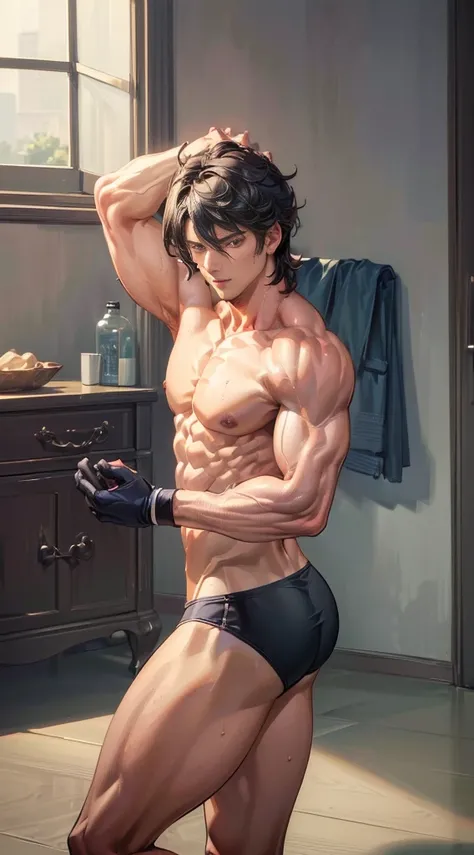 (masterpiece best quality 8k ultra-detailed:1.5) ultra realistic, solo playboy, muscular handsome (((perfect face,perfect eyes))) (topless), anime style, illustration, (underwear, big bulge), sweat,manly,realistic shade, sharp, detailed beautiful face and ...