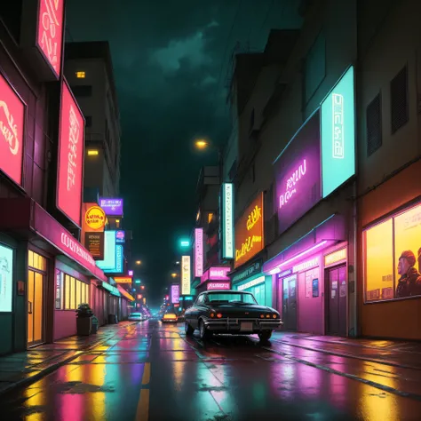 view inside a car, looking out onto rain-soaked streets after a downpour. The scene is melancholic, with empty streets, neon lights, many billboards. The retro synthwave vibe, retro atmosphere. Very detailed, quality.