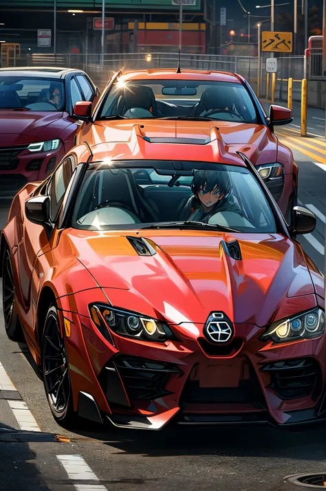 A boy stands in front of a car or car name is supra