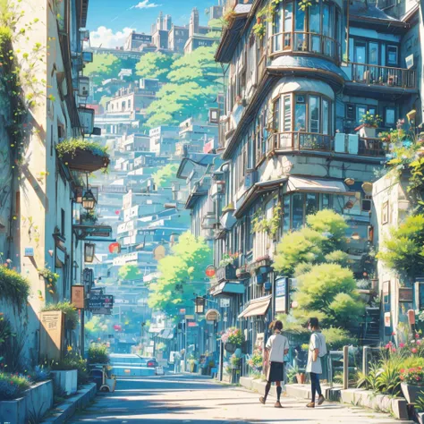 European style narrow street，like the wizarding world of harry potter， Anime background art, anime style cityscape, Magical and colorful magical world， beautiful anime scenery, There are orcs on the street，Leprechaun，Little monsters chatting on the street