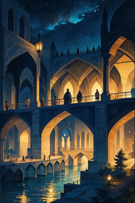 alcohol ink on textured paper, soft textures, gentle ink lines, washed ink, nuanced colors, vignette, illustration of the bridge in isfahan city, whimsical, enchanting illustration, trending on ArtStation, dramatic twilight, rim light, dark background