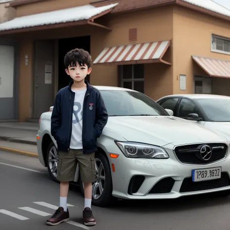 A boy stands in front of a car