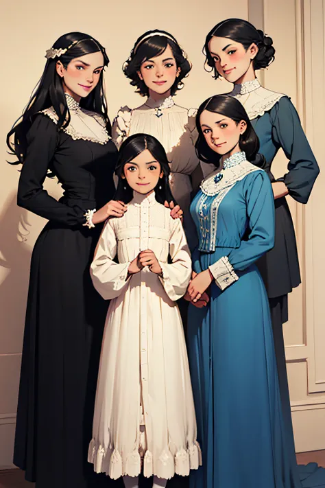 three sisters, early teens and 20s, all with long curly black hair, varying heights, wearing blue Victorian style dresses, all smiling and happy to be together a black puppy in the oldests tallest sisters arms