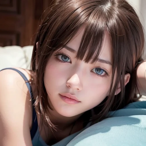 a girl with short brown hair laying on the sofa covered by blanket, clear eye, (look down at the viewer:0.8), detached sleeves, open mouth, bangs, white sleeves, white glove, blue hair, 1girl, shiny skin, (masterpiece;1.0), (photorealistic:1.4), (soft focu...