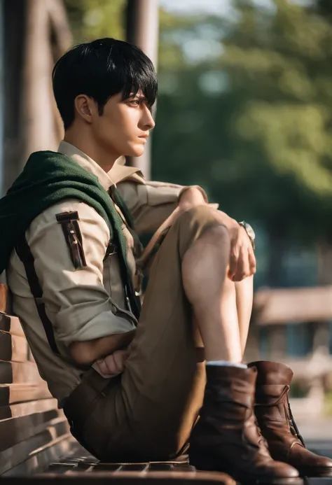 A photo of Bertholdt sitting on a bench, looking down at his hands with a conflicted expression.,Attack on Titan,Bertholdt is very tall with tan skin, a large nose, murky teal eyes, very short black hair with short M-shaped bangs. (Bertholdt Hoover from At...