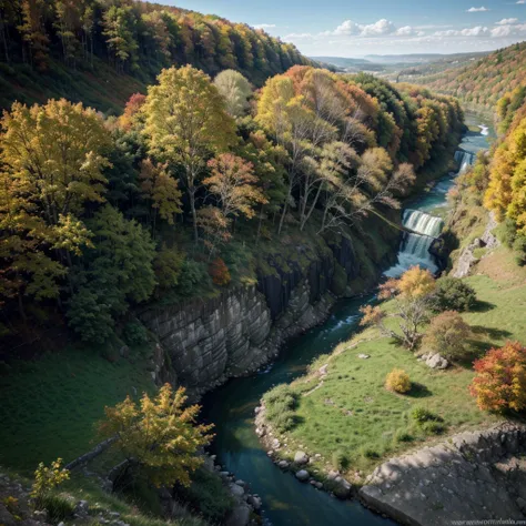 An autumn tree on a cliff, overlooking a long winding river, across is a waterfall, blue skies, green field, (8k resolution), (wallpaper), (ultra high definition)