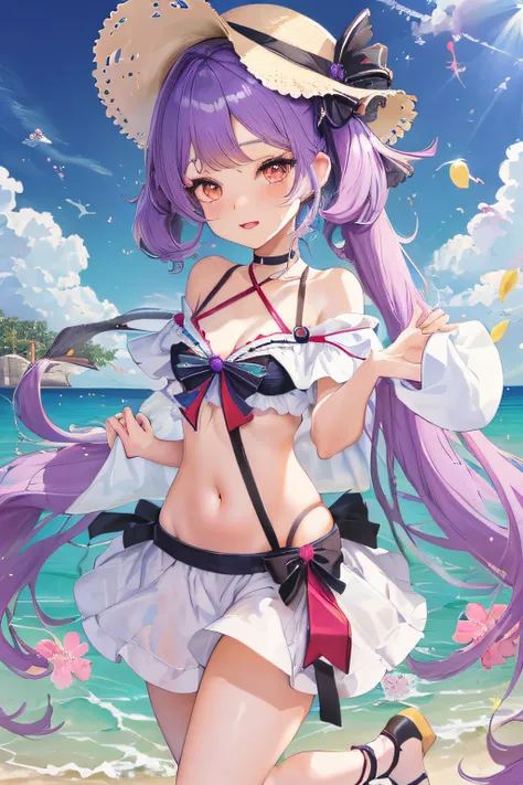 Anime manga girl，Gorgeous purple hair，With a hat on，On the sandy beach, Curvy little loli, Cute anime waifu wearing nice clothes, Anime art wallpaper 8 K, splash ink art anime loli, azur lane style, Anime visuals of a cute girl, , Anime art wallpaper 4k, A...