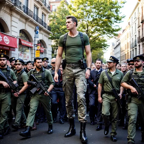 Incredible tall men with dark green tight t-shirt and military pants, a group of short soldiers, street