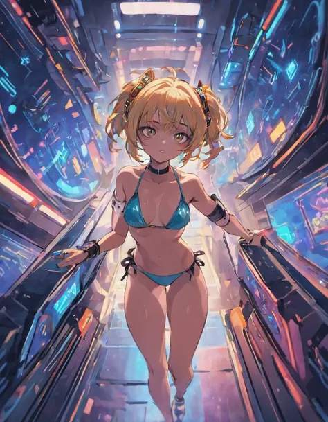 A cyberpunk gamer girl, in a spaceship. Wearing a bikini