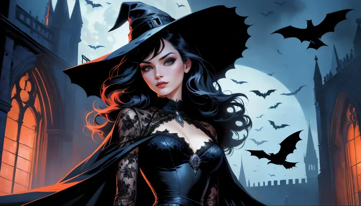 Bruja con capa negra y sombrero parada frente a un castillo., hermosa bruja hembra, Hermosa bruja femenina, Hermosa bruja espeluznante hembra, Artgerm Greg Rutkowski _ Greg, Hermosa hechicera, Bruja oscura de moda, Zenescope, Chris Moore. Artgerm, Una herm...