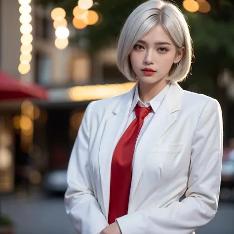 masterpiece, best quality, bokeh, cool, 1girl, 17age, beautiful face, solo, breasts, bob cut hairstyles, white hair, red eyes white shirt, red tie, black suit, vintage, upper body, looking at viewer,