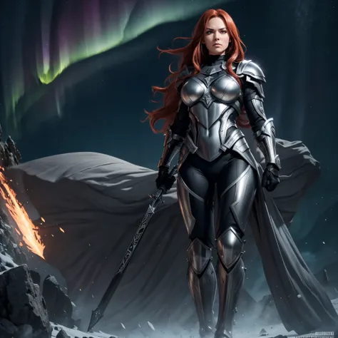 BOMBSHELL VALKYRIE, MATURE WOMAN, 30 YEARS OLD, ATHLETIC BODY, MUSCLES, HUGE LONG HAIR, RED HAIR, GRAY EYES, ROSY CHEEKS, VALKYRIE HELM, ANGRY FACE EXPRESSION, SILVER HELM, BLACK BODYSUIT UNDER ARMOUR, FULL BODY SILVER ARMOUR, SHINING ARMOUR, MITHOLOGY, NI...