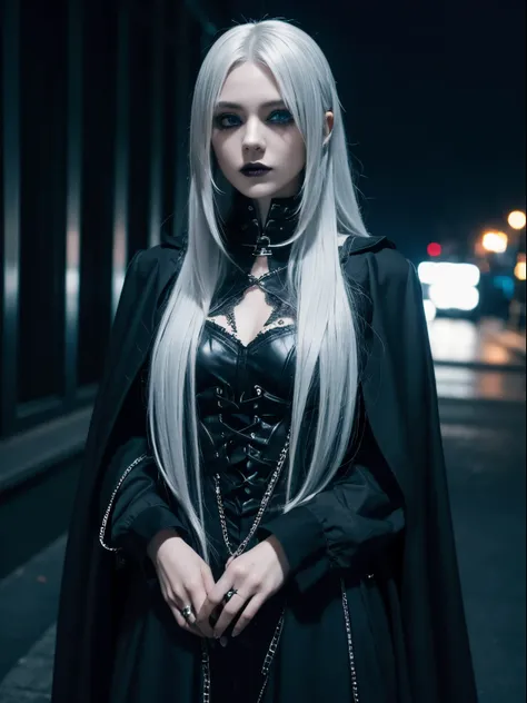 One girl, long silver hair, blue eyes, goth clothing, goth style, emo style, gothic fashion, night time background city, studio lighting, 8k, high resolution