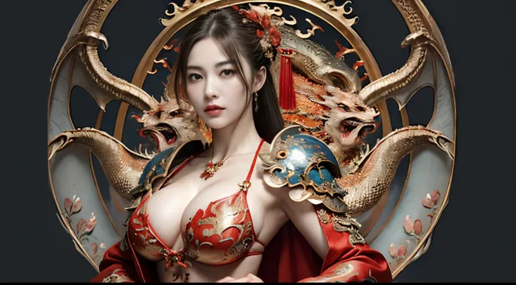 (photorealistic portrait, 8K High definition),最高品質、master-piece、(((chinese dragon background))),（The armor has beautiful patterns in every detail...）、(((Heavy breasts))),gleaming skin、(Im random...),(((Detailed micro bikini armor)))、Fight with beautiful sw...