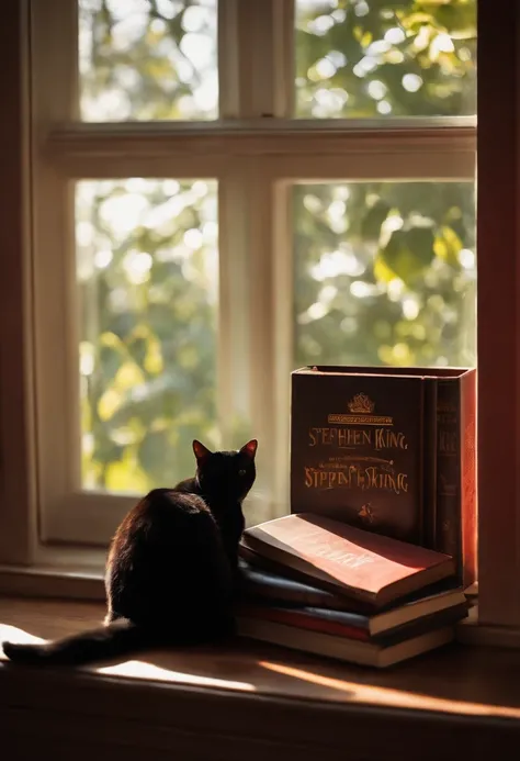 A cozy reading nook with a stack of Stephen King novels and a black cat curled up in a sunbeam,original,Portrayed by Stephen King, the American author, himself, male