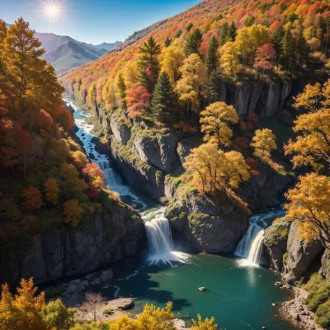 The Legend of Neverland, a maple tree in autumn on a cliff, overlooking a long winding river, across is a waterfall, blue skies, sun shining brightly, (8k resolution), (wallpaper), (ultra high definition), legend of neverland