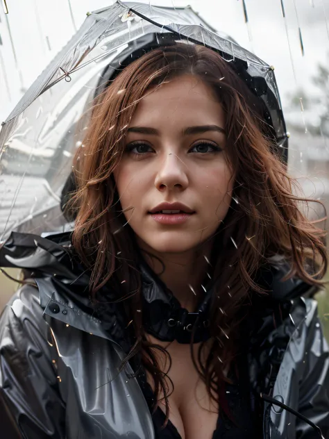 a woman wearing a raincoat in the rain,(cleavage),((realistic)),beautiful character, neoartcore and charlie bowater, 8k detail, charlie bowater art style, charlie bowater style, legs detailed blurred fantasy, 4k detailed art, charlie bowater character art,...