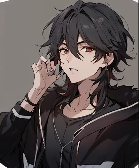 garoto de anime com cabelo preto e olhos vermelhos vestindo uma jaqueta preta, menino anime, jovem homem de anime, estilo anime masculino, inspirado em Okumura Masanobu, personagem de anime masculino, handsome japanese demon boy, homem bonito anime, inspir...