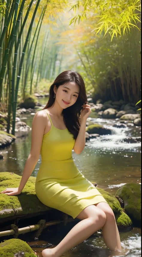 On a vibrant autumn afternoon，8K high-definition painting shows a 19-year-old girl。She is wearing a white tight dress，Sitting quietly on the big moss-covered stone in the bamboo forest。The sun shines，Her smile is like the autumn sunshine，Full of youthful v...