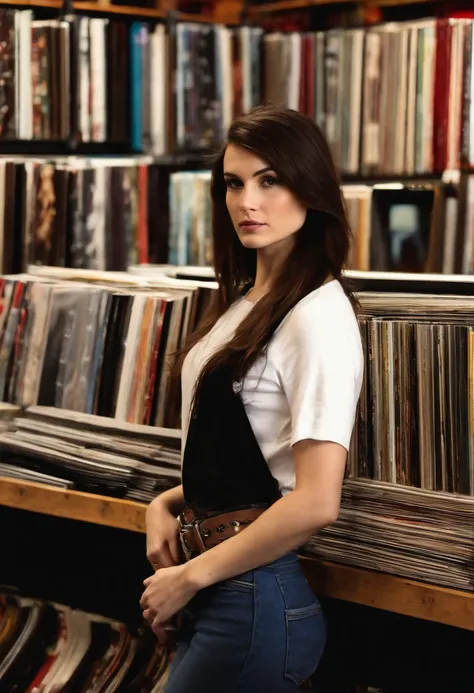 A photo of her browsing through the latest indie rock vinyl records at a local music shop,original,She is a petite brunette with brown eyes. She is very beautiful and realistic looking. She is pale and wears tshirts, female