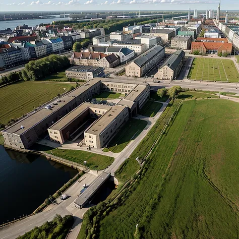 A precise and photorealistic rendering of the danish city Aarhus in birds eye view. based on how the city looks in real life