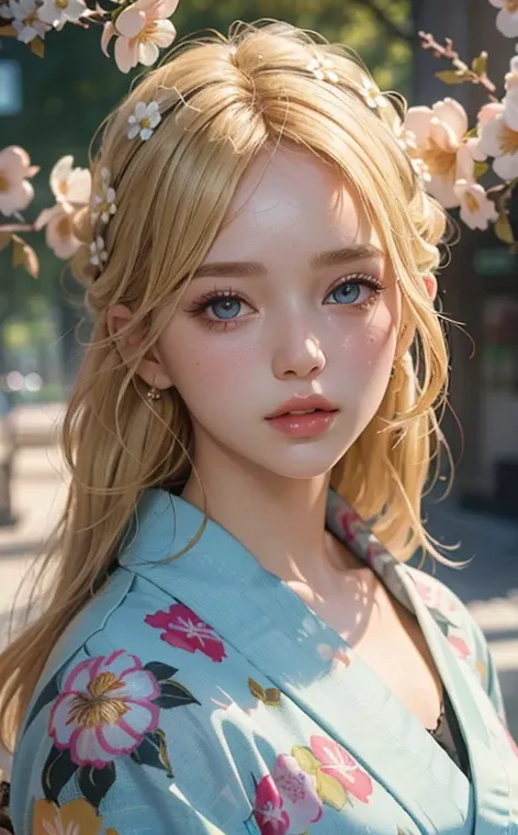 Best masterpiece, ultra HD photo, 4k, 1girl, floral kimono, flowers, beautiful girl, blonde hair, bright eyes, pastel color, detailed face, detailed eyes, detailed lips, bust photo, dynamic lighting, dynamic poses, pureerosface