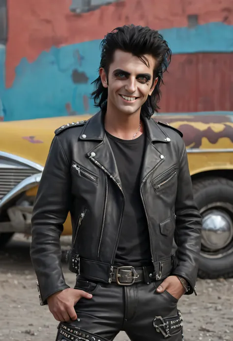 "Facial portrait, 32k ultra-hd, hyper realistic, extremely detailed, 3d - young 20-year-old Alice Cooper as Danny Zuko, happy face, facial portrait, wearing a black, studded leather jacket and pants with a pair of heavy punk rocker platform boots, and a kn...