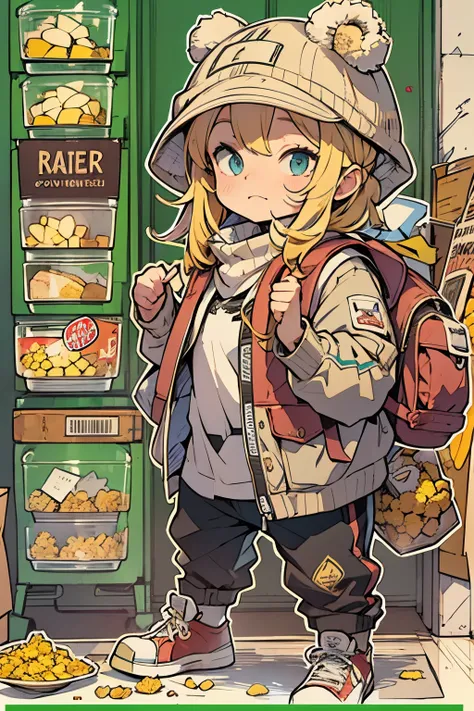 Q version，Chunky Hamster Adventurer，adventurer clothing，adventurer hat，backpacks，Low angle viewing angle，Huge warehouse，Rich in ingredients，potatoes，corn flake，soybean，appearance，pine nut，peanuts，walnuts，high saturated，hight contrast，vibrant with colors，hy...