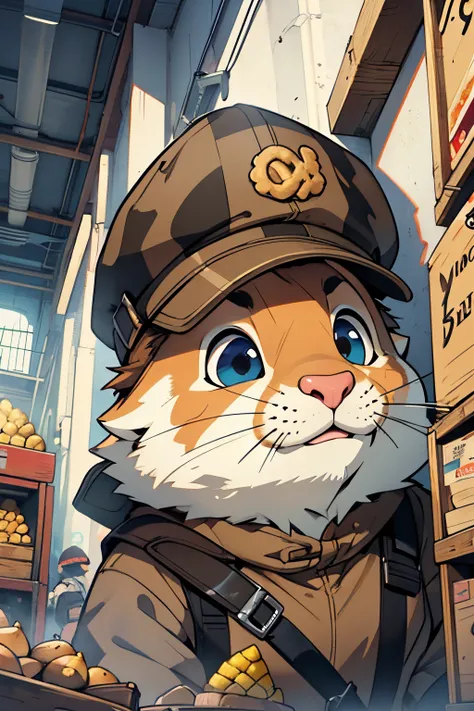 Q version，Chunky Hamster Adventurer，adventurer clothing，adventurer hat，backpacks，Low angle viewing angle，Huge warehouse，Rich in ingredients，potatoes，corn flake，soybean，appearance，pine nut，peanuts，walnuts，high saturated，hight contrast，Vibrant colors，hyper r...