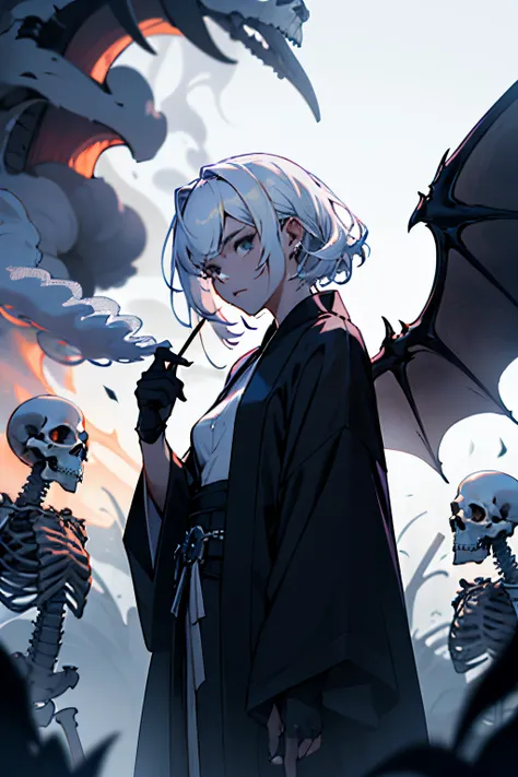 sexy girl with white hair, in black long robe, she has a menacing face and there are some skeletons around her, black fairy wings and some smoke around, darkness, necromancy, 8k, ultra detailed