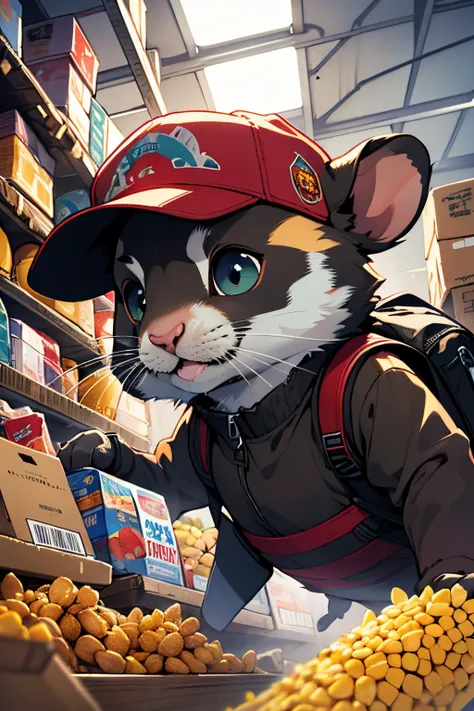 Q version，Chunky Hamster Adventurer，Cute and cute，adventurer clothing，adventurer hat，backpacks，Low angle viewing angle，Huge warehouse，Rich in ingredients，potatoes，corn flake，soybean，appearance，pine nut，peanuts，walnuts，high saturated，hight contrast，vivd col...