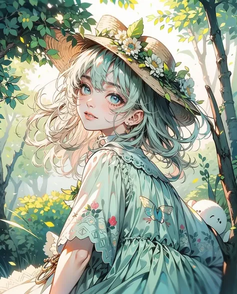 , 8k, sunny day, floral, happy, smiling, beautiful hat, ((light blue eyes)) embroidery, enchanted, fireflies, , white-dress, day, beautiful aesthetic dress, sweet looking, midjourney, close-up, niji, 1,