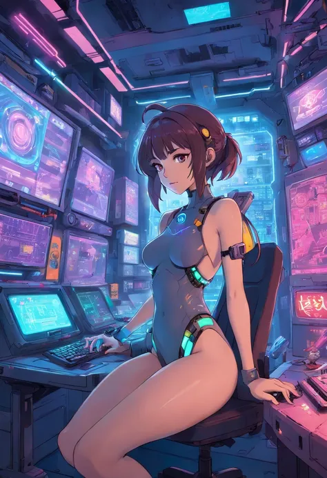 Nsfw woman cyberpunk gamer girl in a futuristic trading room.