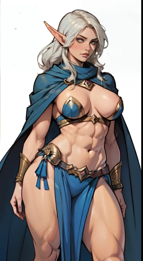 extremely long hair perfect anatomy 1 girl tall solo curvy ((muscular)) high elf toned body, silver breast plate, blue cape, slendered abs, hourglass waist,