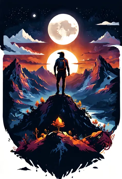 print ready vector t-shirt design, adventure scene with explorer, with beautiful nocturnal sun and mountain in the background, clean white background, professional vector, full shot, 8K resolution, deep impression illustration