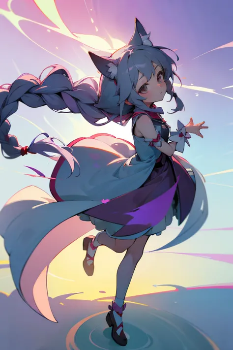 ((Masterpiece)), (highly saturated), (RAW photo: 1.2), (best quality:1.2), pale purple, Anime - Style drawing of a girl with a red knot on her ears, small curvaceous loli, Soft anime illustration, Splash art anime Loli, Loli, Gray hair, lovely art style, o...