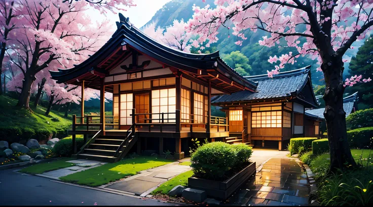 Best Quality、masutepiece、cherry trees、（jpn、evening glow）、mont、Summit of Mt、springtime、Japanese houses